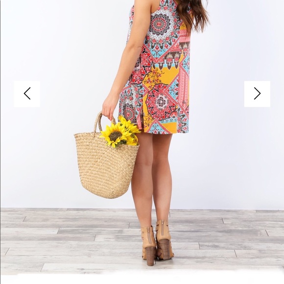 Boho High Mock Neck Patchwork Sleeveless Babydoll Dress - Picture 2 of 5